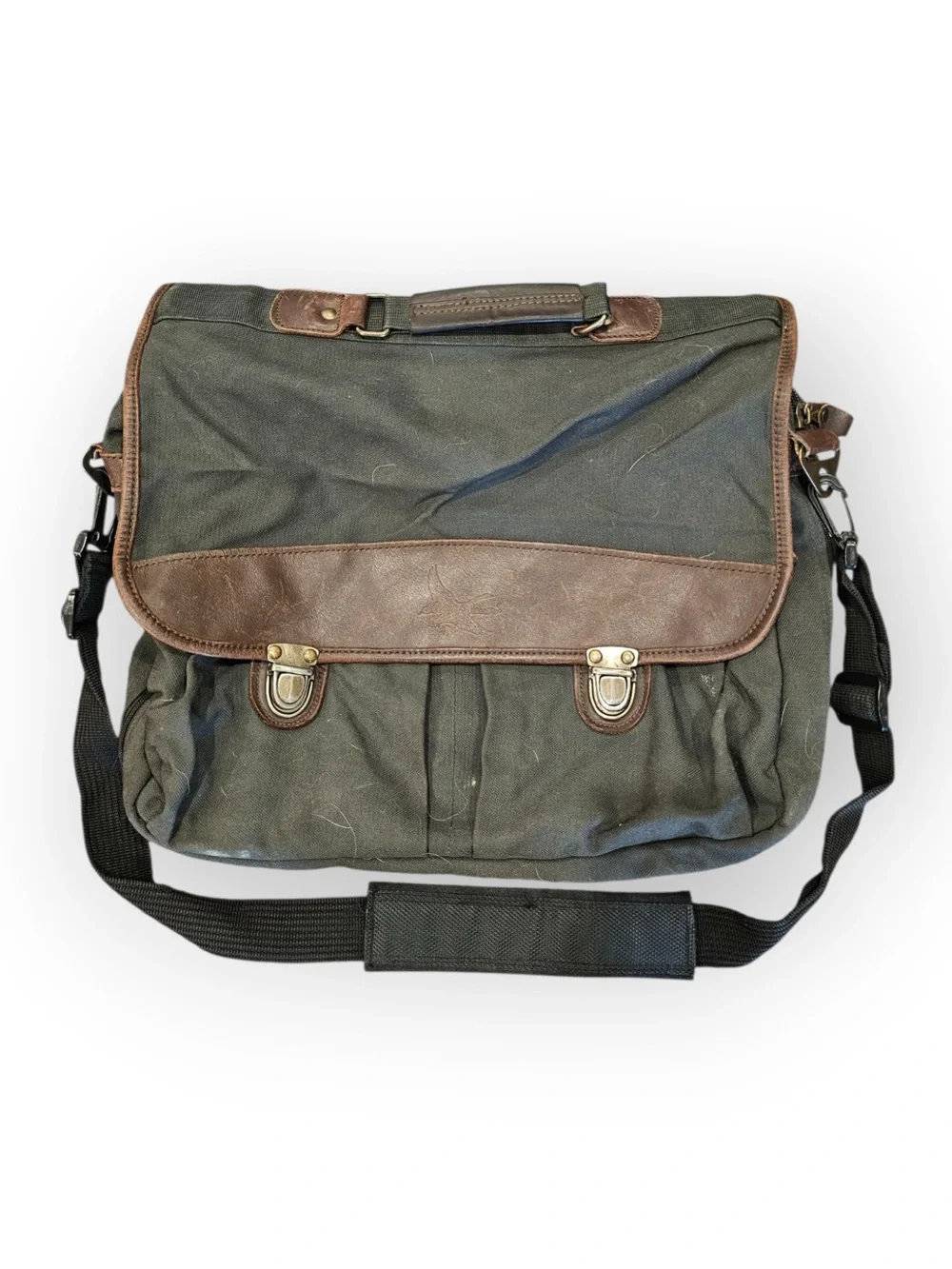 Vintage Eddie Bauer Canvas Leather Messenger Bag Briefcase Forest Green Brown